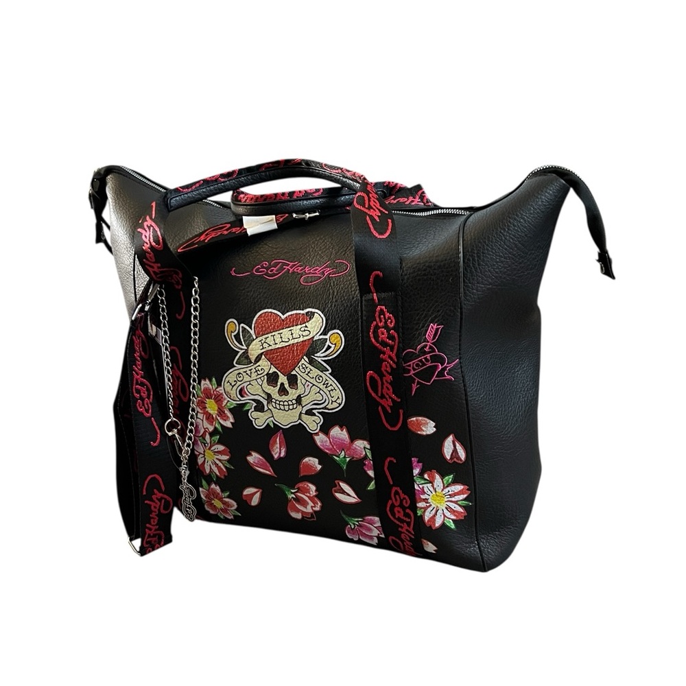 Ed Hardy Black Floral Skull Embroidery Tote Bag - Picture 4 of 11
